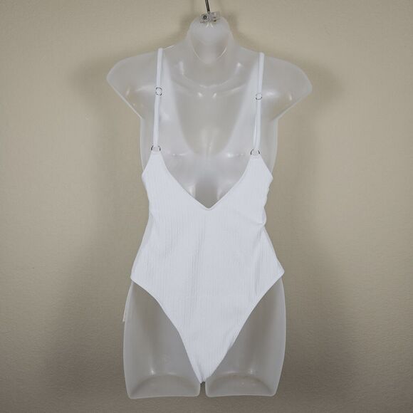 Minimalist White One Piece Swimsuit Womens M Ribbed Resort Cruise Vacation Beach - Picture 2 of 15